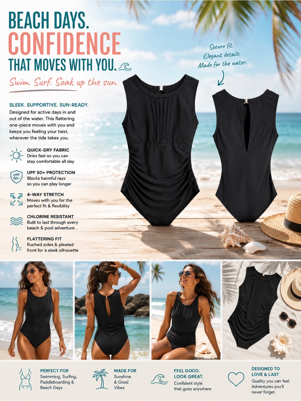 Classic Black One-Piece Swimsuit with Pintuck Front & Ruched Back
